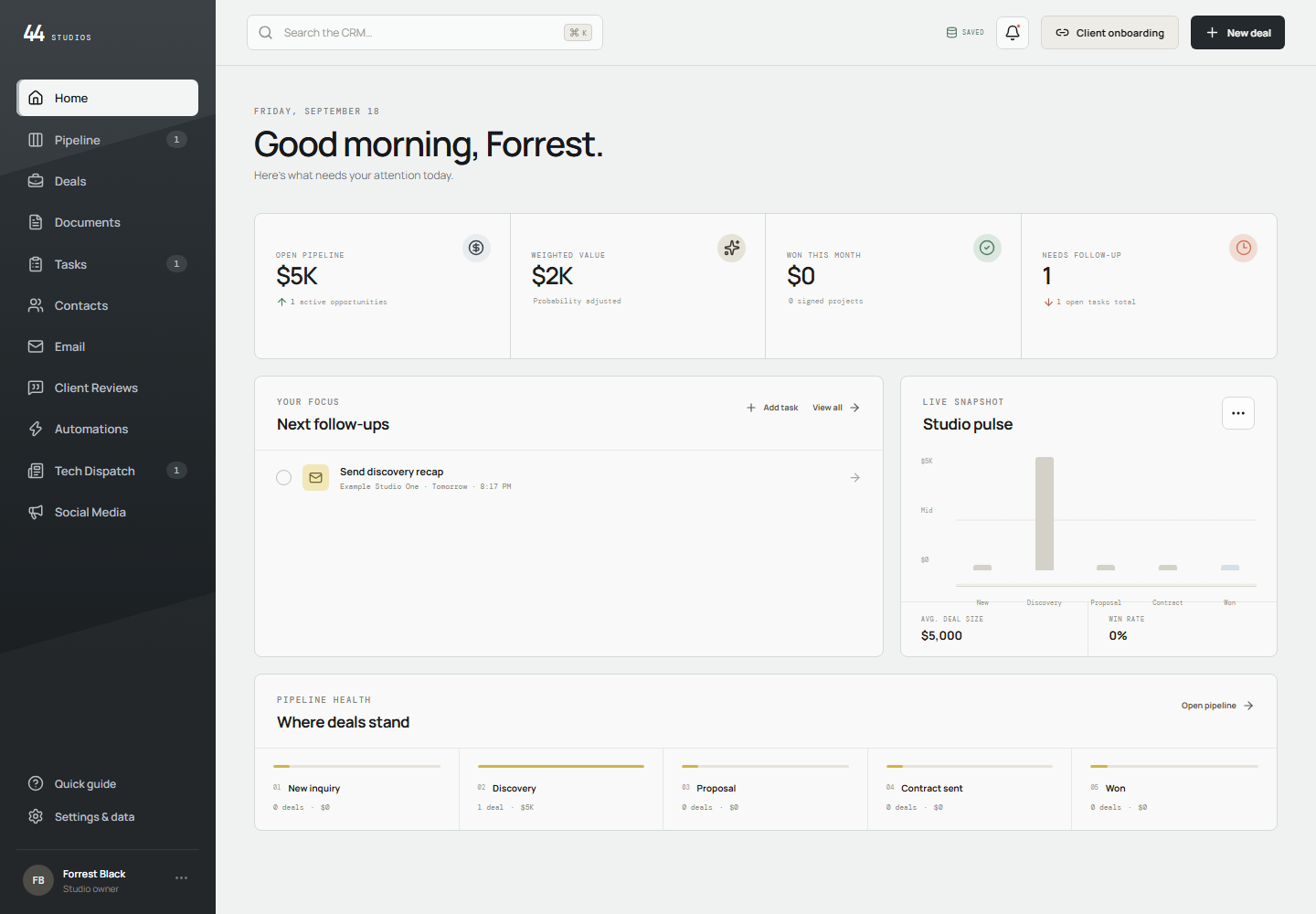 44 Studios CRM command center with pipeline and follow-up activity
