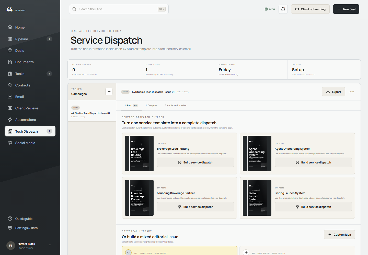 Populated 44 Studios CRM Service Dispatch builder