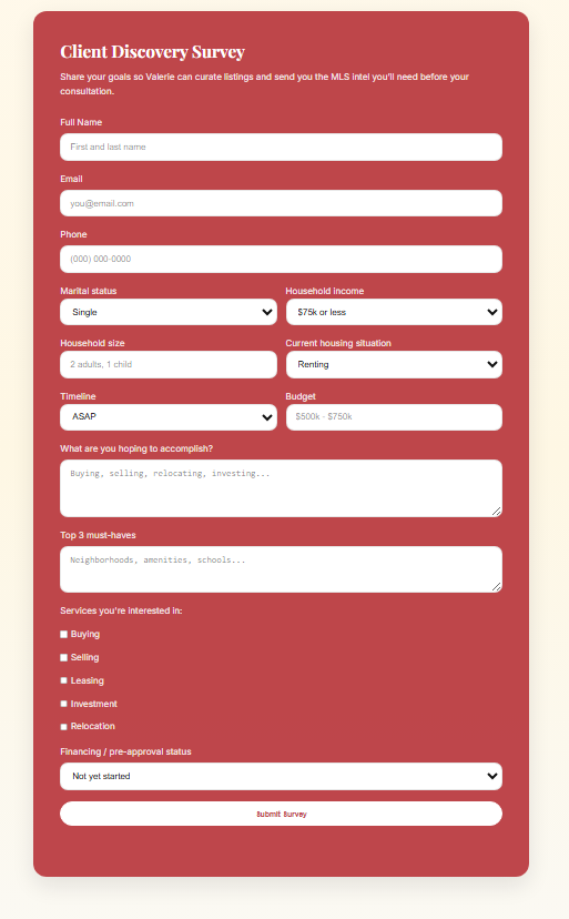 CRM intake form layout